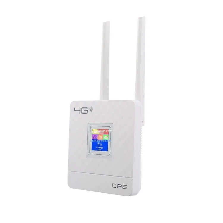 White LTE router for home office with two external black antennae connected, placed on a desk.