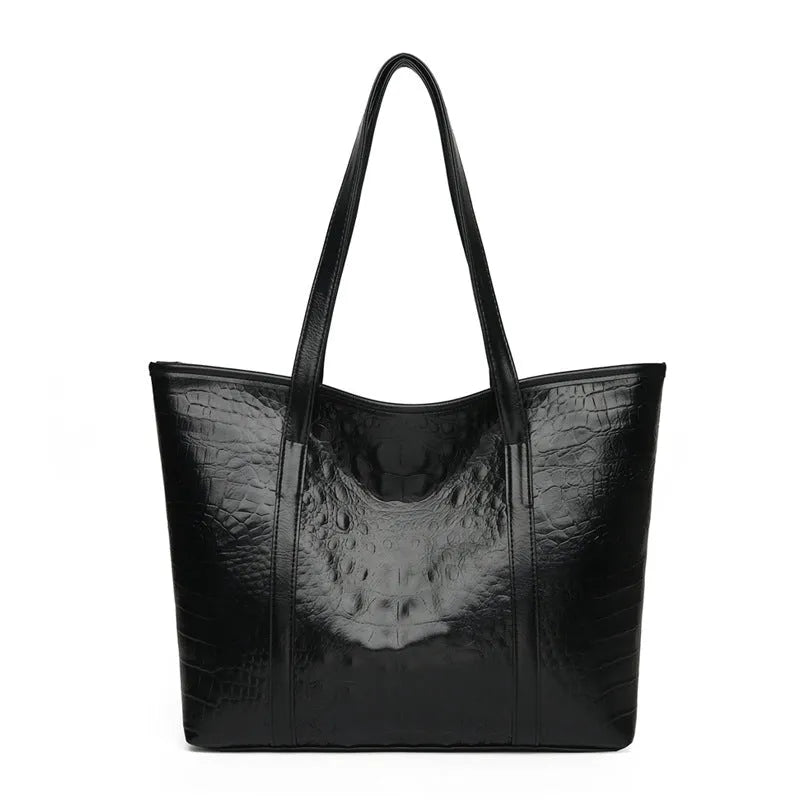 Women's soft PU leather large capacity shoulder bag with crocodile pattern, dark blue colour