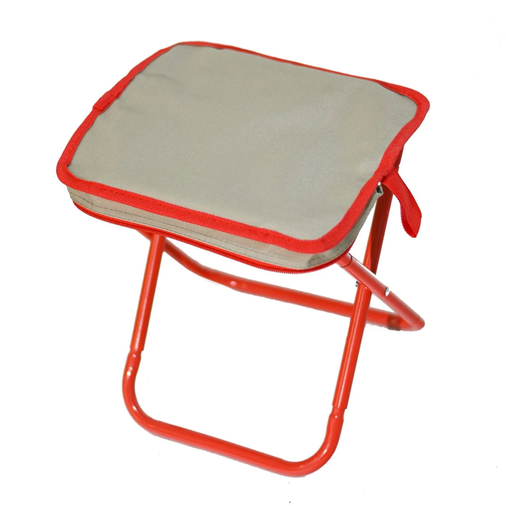 A foldable camp stool made from oxford cloth, shown in a khaki colour, folded into its compact pencil box shape.