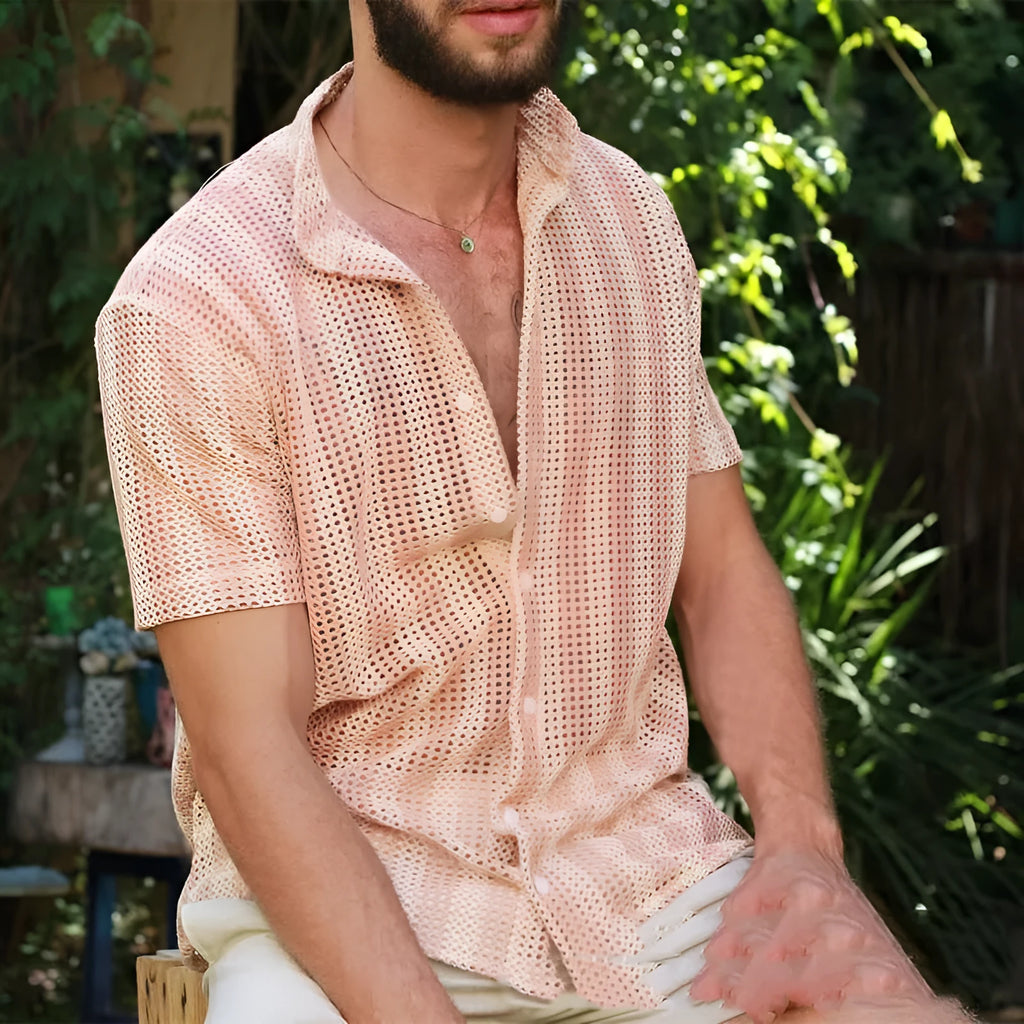 Men's pink waffle knit summer shirt with short sleeves and loose cardigan style