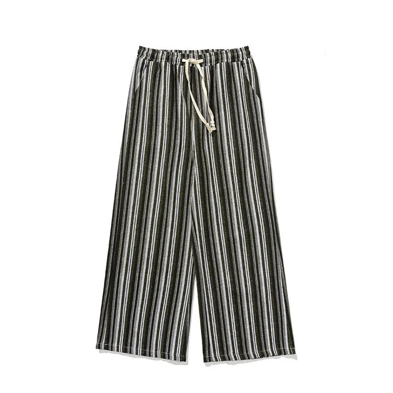 Vintage stripe loose straight leg trousers in cotton blend fabric on a mid-rise waist.