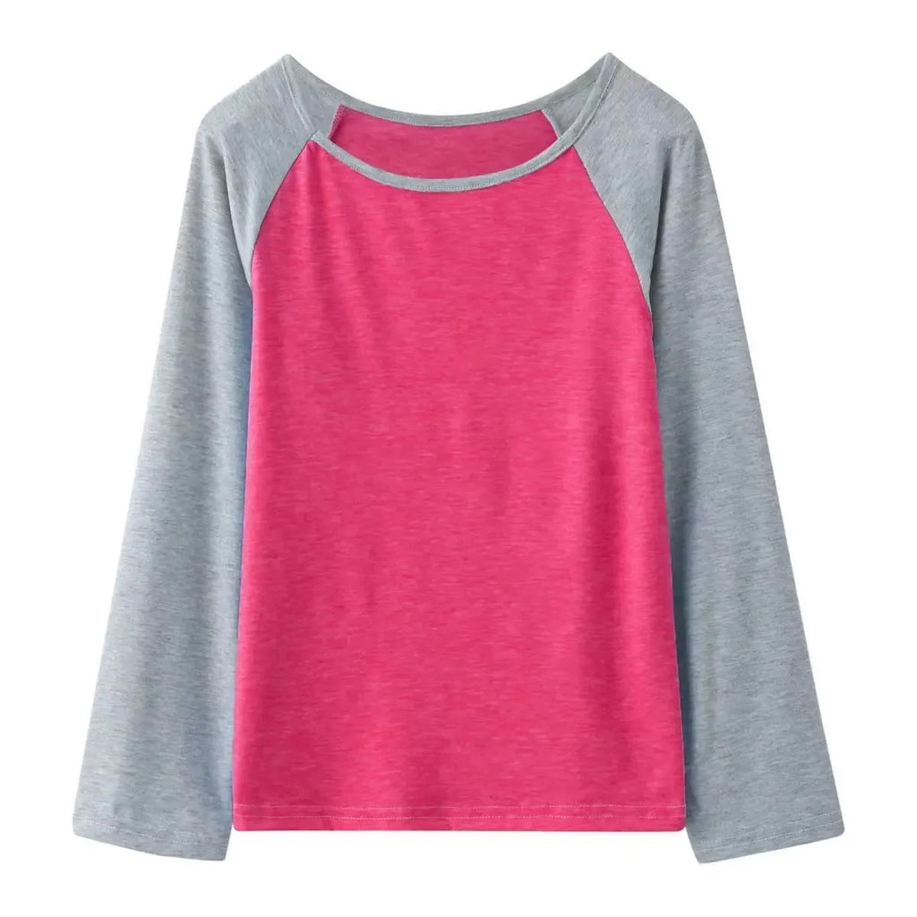 Women's half sleeve round neck T-shirt in natural coloured cotton, contrast waist, long sleeves