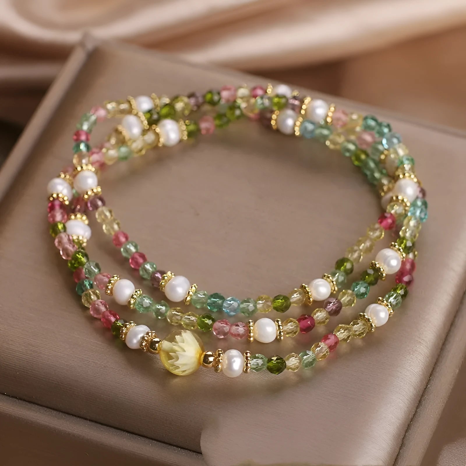 Natural tourmaline multi-layer bracelet with small rice-shaped beads in three circles, ethnic style for women