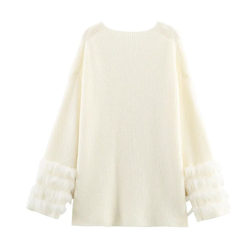 Casual V-neck cuff furry knitted dress for women in white – straight cut long sleeve style