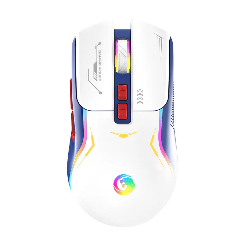 Gaming e-sports wired mouse with optical sensor, 1.5m cable, black colour, on desk next to notebook