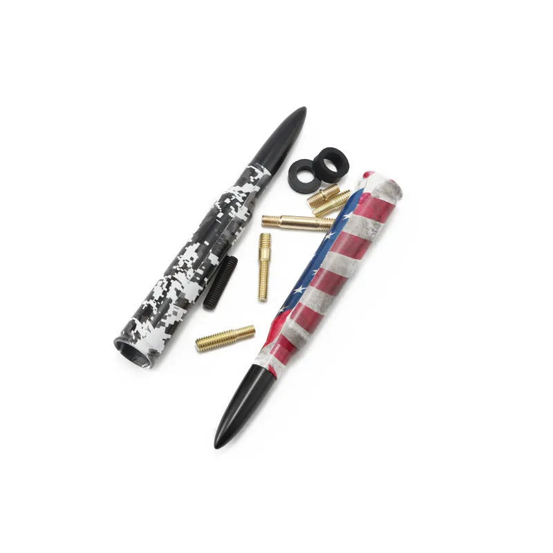 14cm bullet car antenna in camouflage green, American flag, and black colour options for modified vehicles