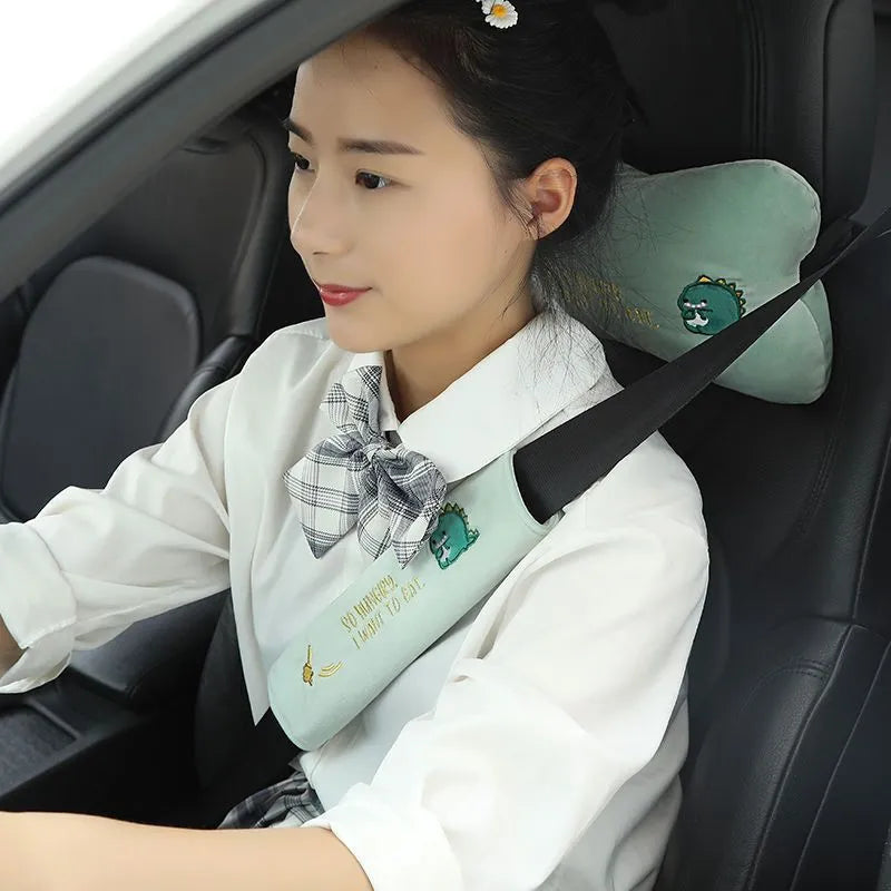 Plush embroidered car headrest shoulder pad with cartoon lion design in blue