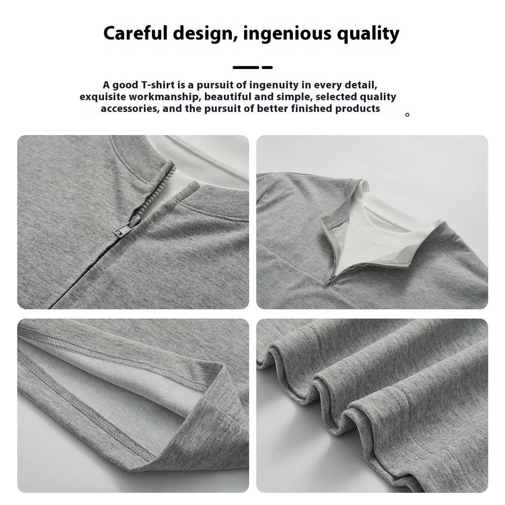 Women's loose patchwork stitch cotton blend top in solid colours with false zip detail.