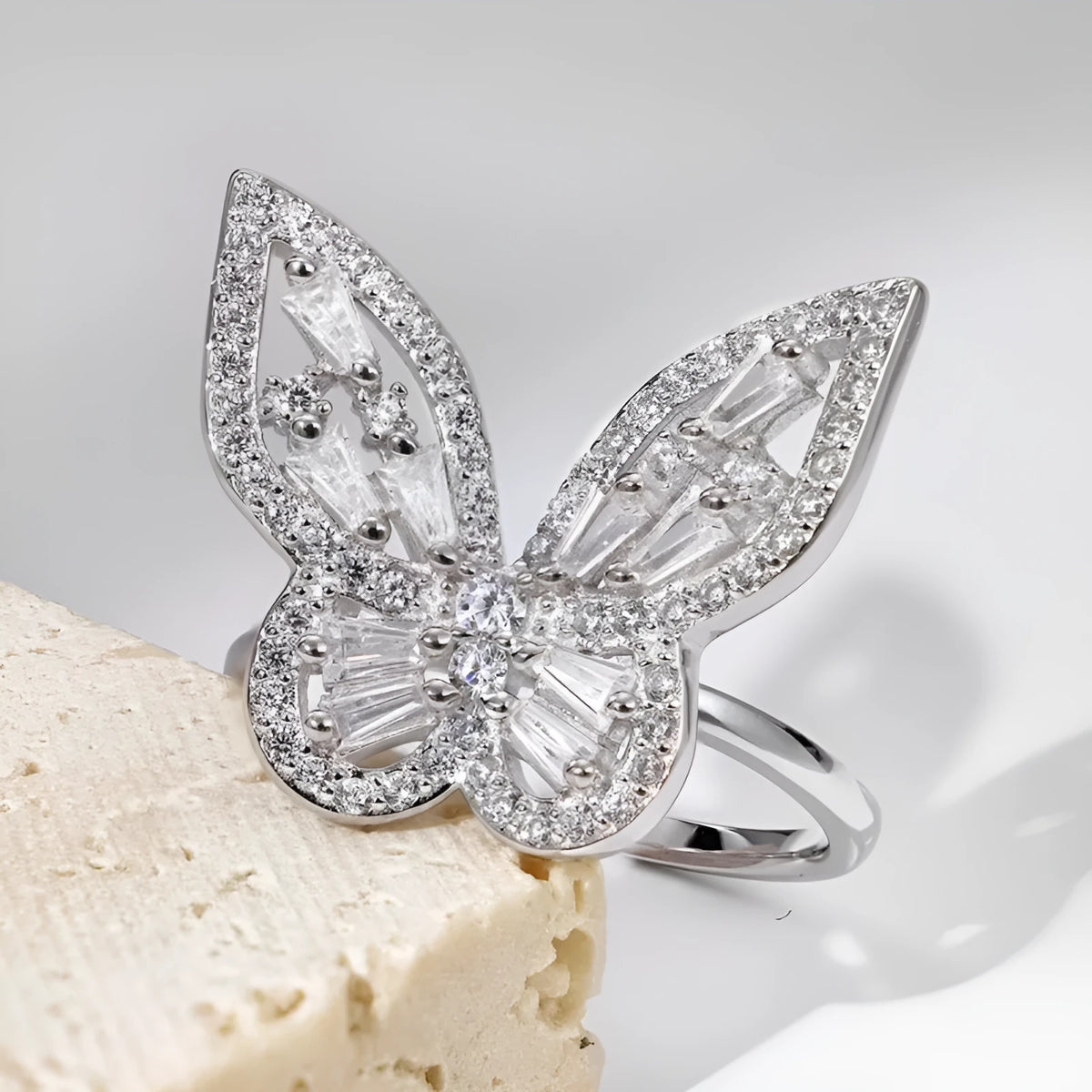 S925 sterling silver butterfly ring with inlaid zircon and adjustable open band in white or gold tone