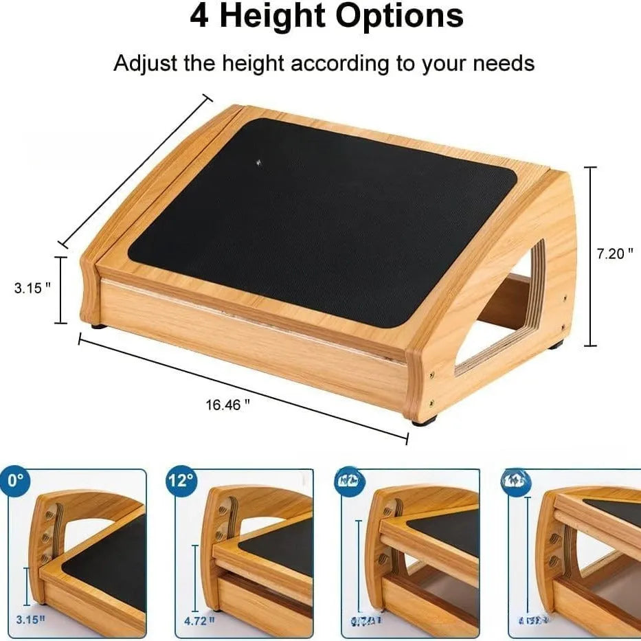 Wooden adjustable bamboo office desk footstool in natural wood colour