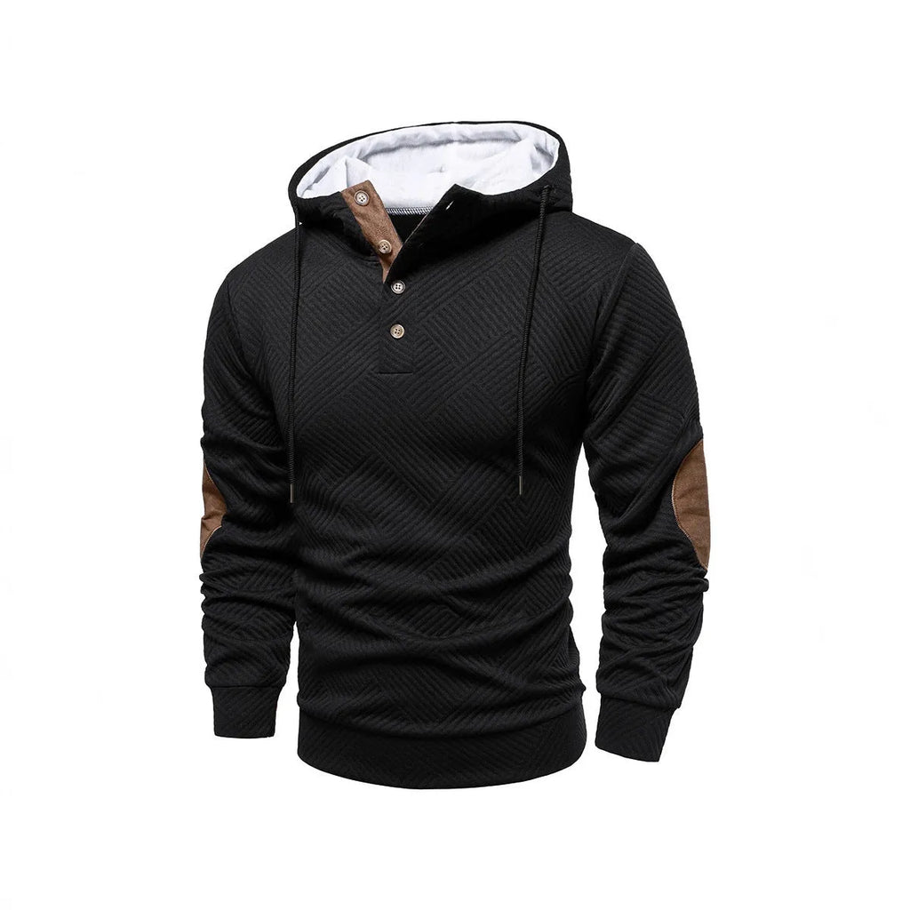 Men's loose hooded polyester fibre pullover in apricot colour, long sleeves, casual style