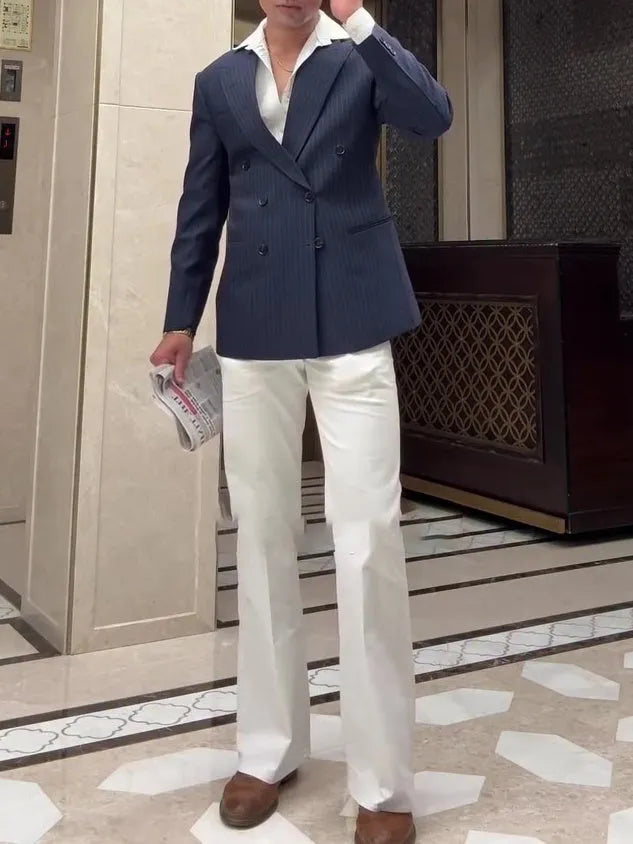 Men's striped double breasted blazer with regular fit on mannequin