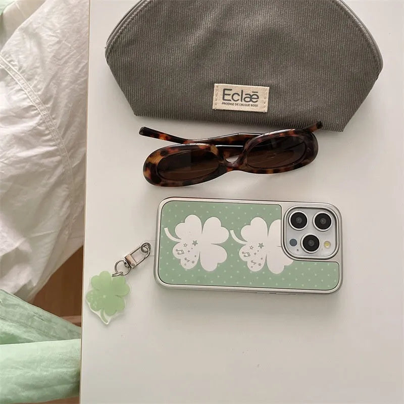 Acrylic mirror phone case with four-leaf clover pattern for iPhone 16 Pro Max