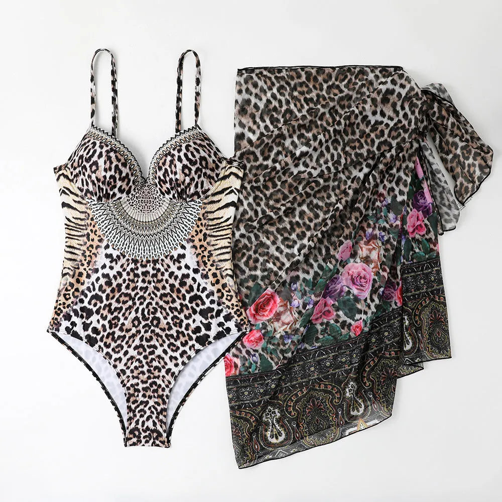 Women's leopard print one-piece swimsuit with mesh long dress cover-up