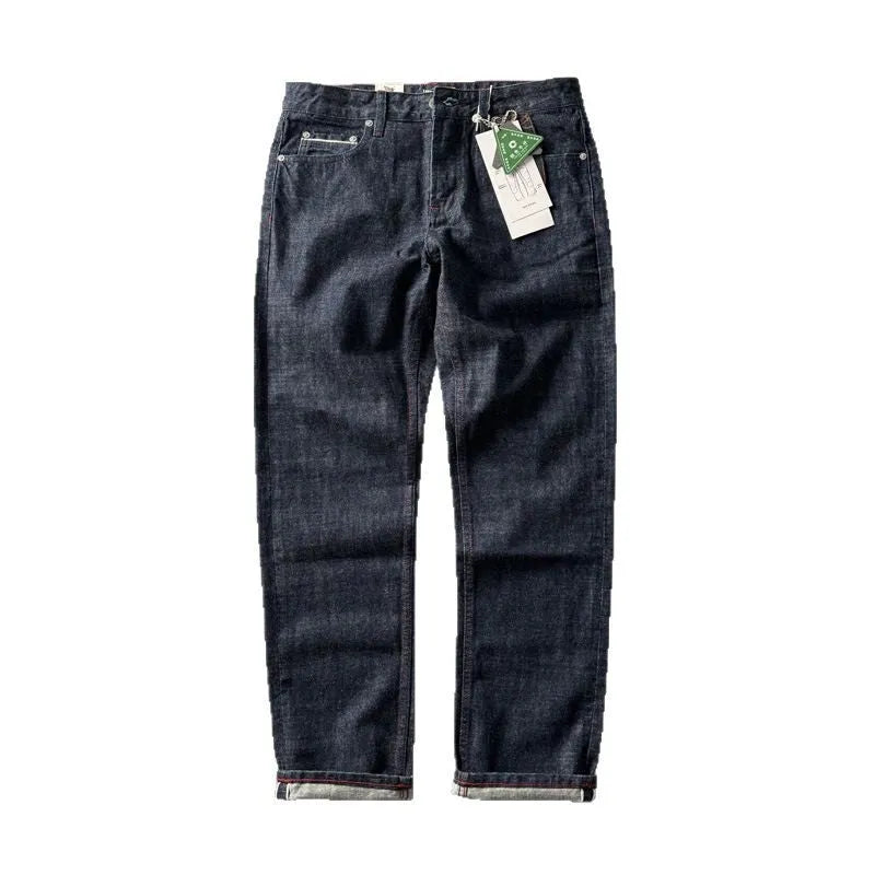 Men's straight leg denim jeans in primary colour showing mid waist fit and classic American retro style.