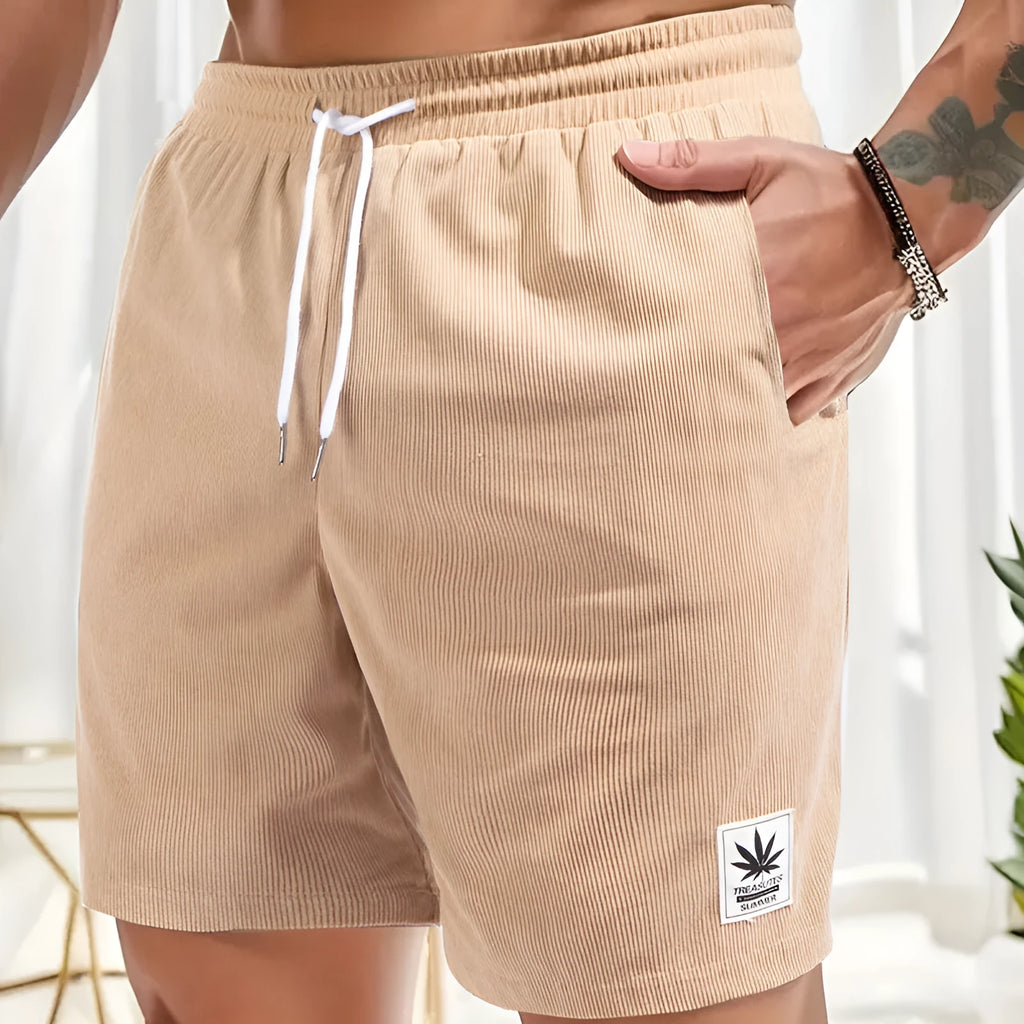 Men's drawstring waist summer shorts in black blue grey khaki colours with straight leg styling