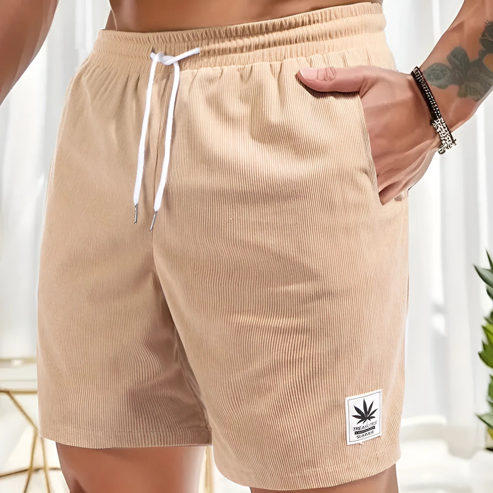 Men's drawstring waist summer shorts in black blue grey khaki colours with straight leg styling
