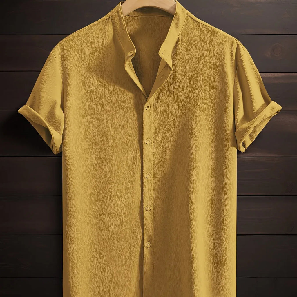 Men's casual breathable polyester fibre stand collar short sleeve shirt in solid colour, loose fit non-iron, front view