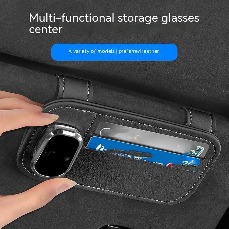 Cowhide car sun visor organiser with glasses clip and card pocket in beige colour