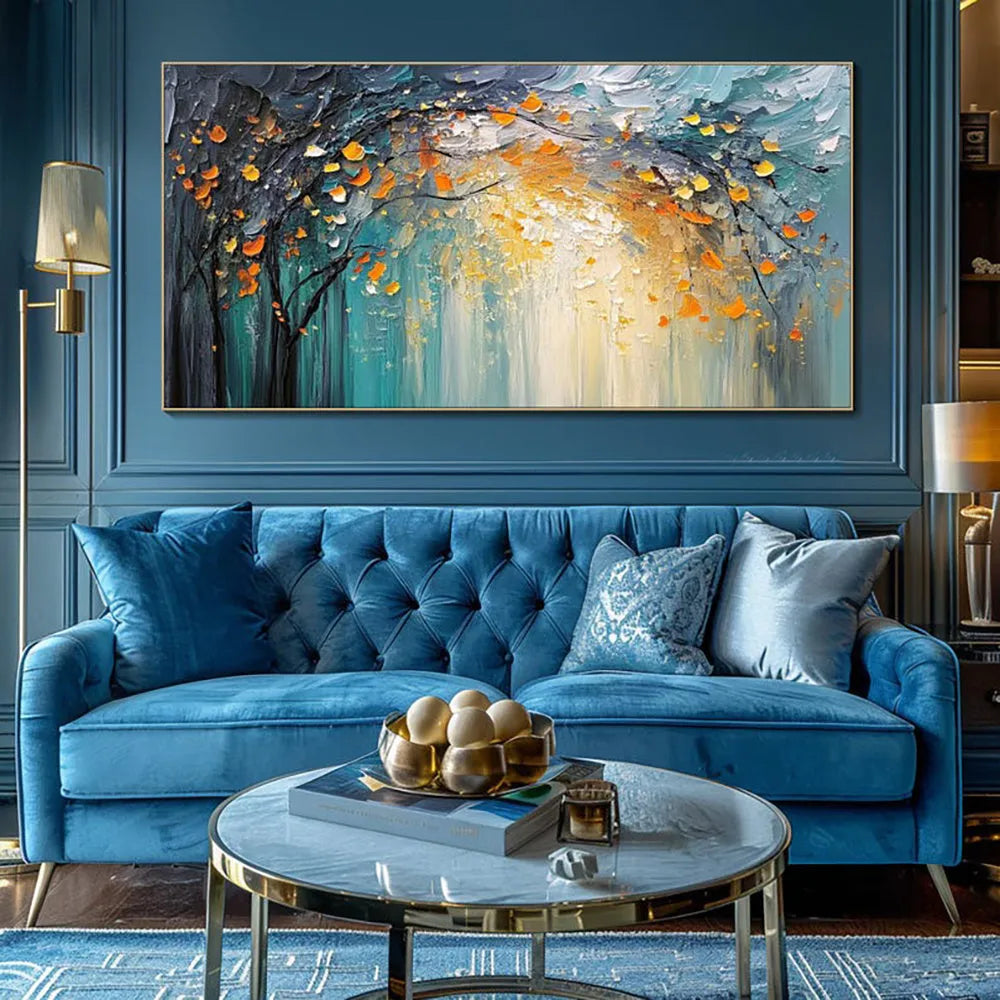 Hand-painted abstract forest oil painting on canvas in blue and golden yellow, one-panel horizontal wall art without frame