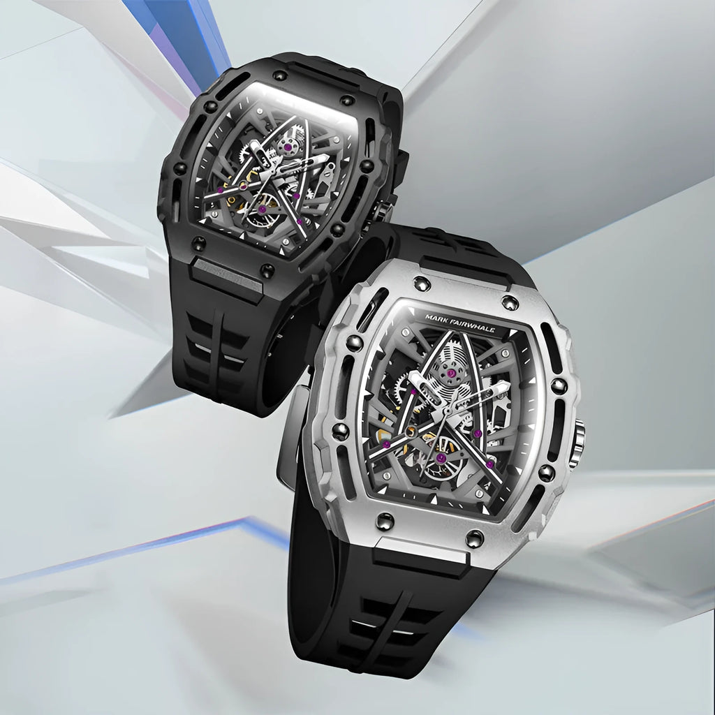 Men's barrel-shaped hollow automatic mechanical watch with black silicone strap and metal case, 44mm