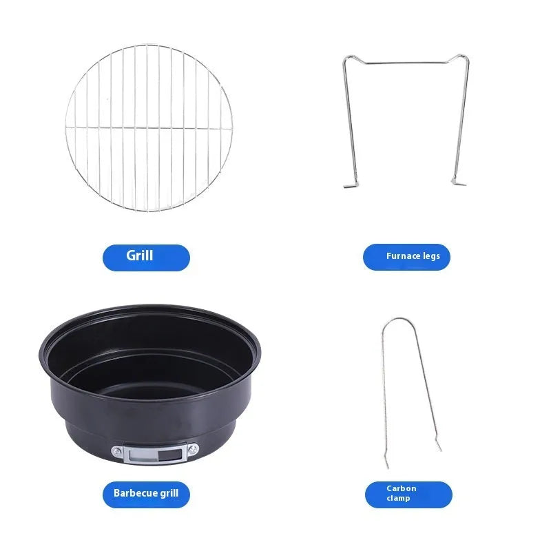 Small round folding outdoor ice stove grill kit with mesh, legs, and storage bag for 1-2 people.