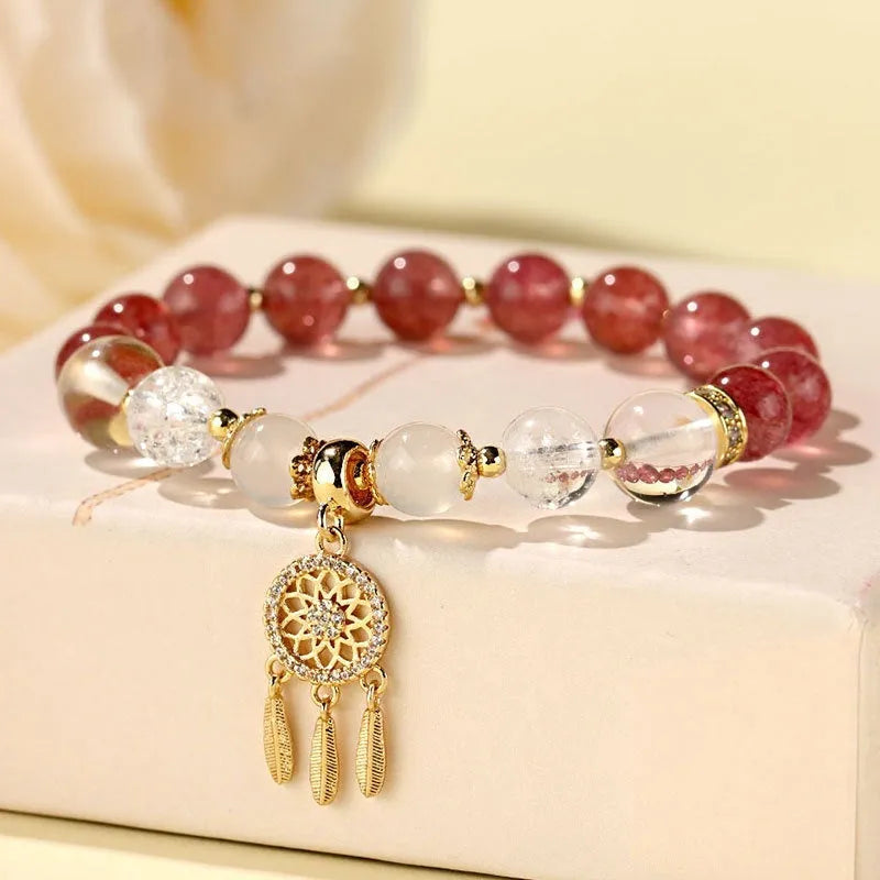 Chinese style white crystal tassel bracelet for women with electroplated finish and gemstone beads