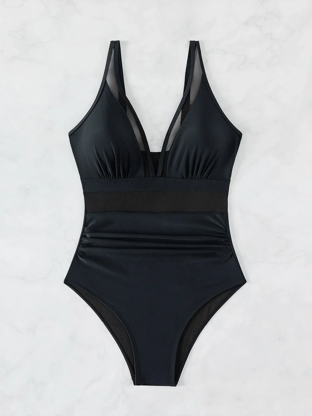 Black women's one-piece swimsuit with halter neck and briefs style.