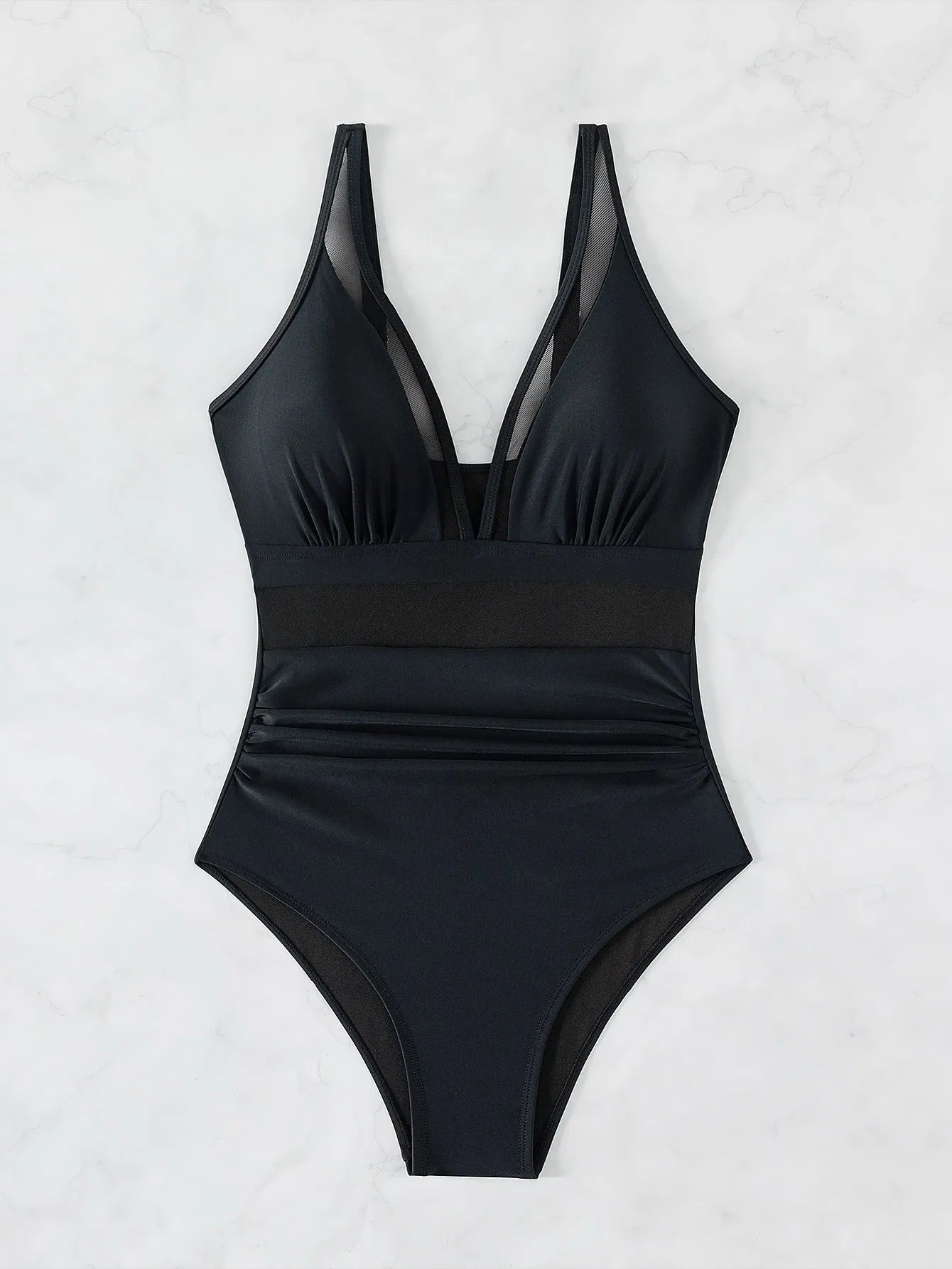 Black women's one-piece swimsuit with halter neck and briefs style.