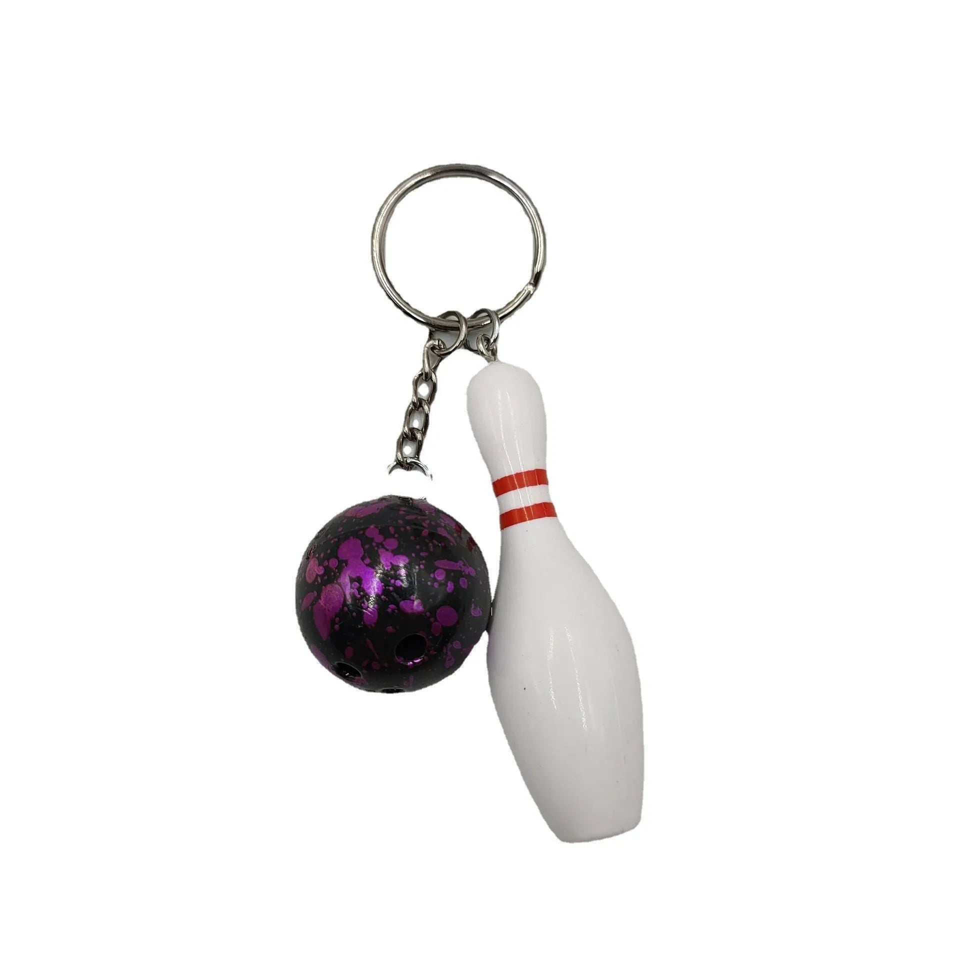 Mini simulation sports bowling ball keychain pendant in dark red, blue, purple, and green colours.