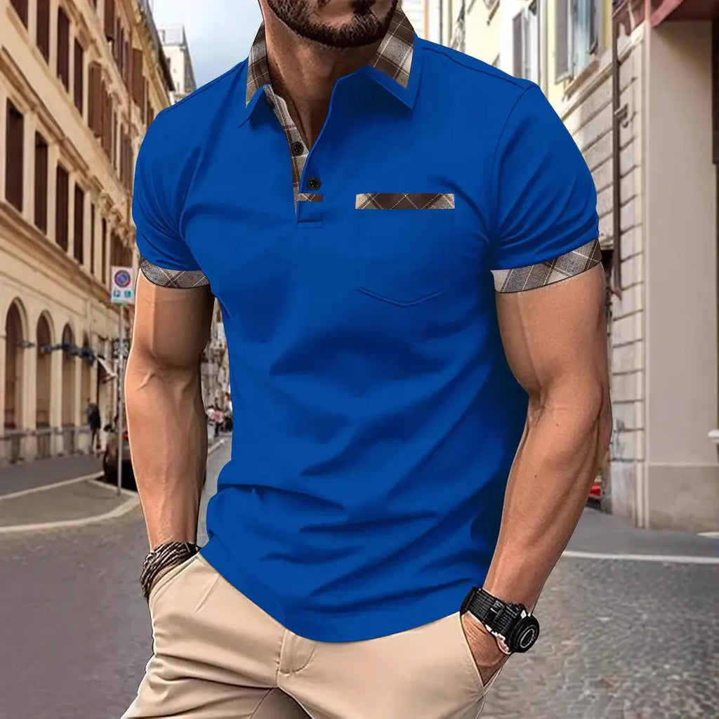 Man wearing a loose-fit plaid colourblock short sleeve t-shirt in a summer setting.