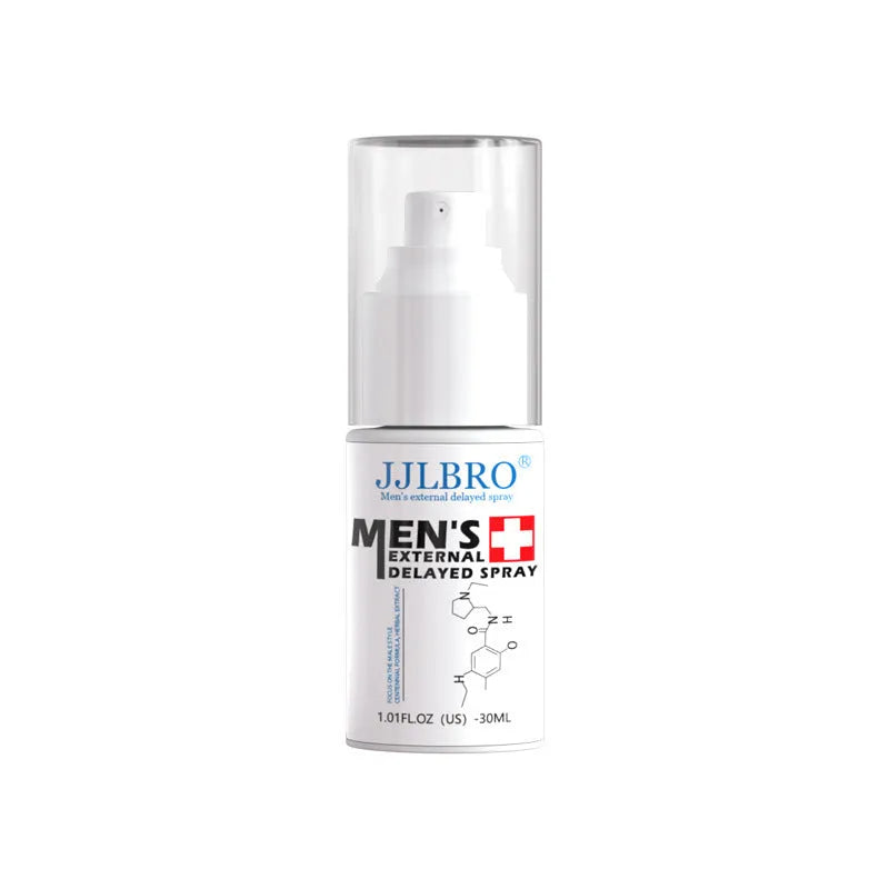 White JJLBRO 30ml delayed sex spray bottle with plant extraction for male lasting control.