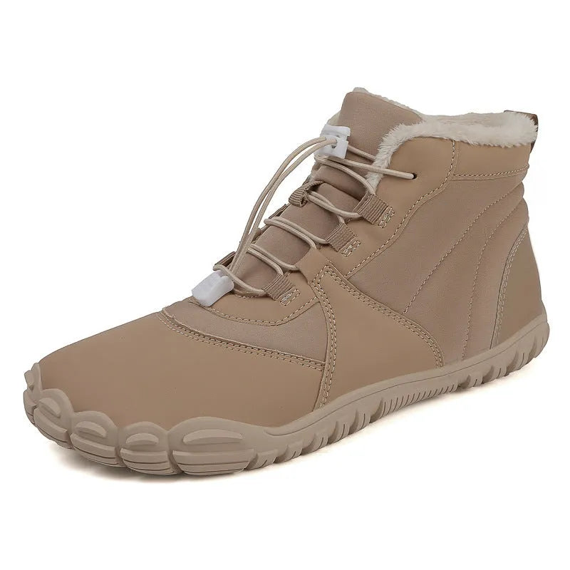 Black waterproof snow boots with fleece lining and a lace-up front on a rubber sole.