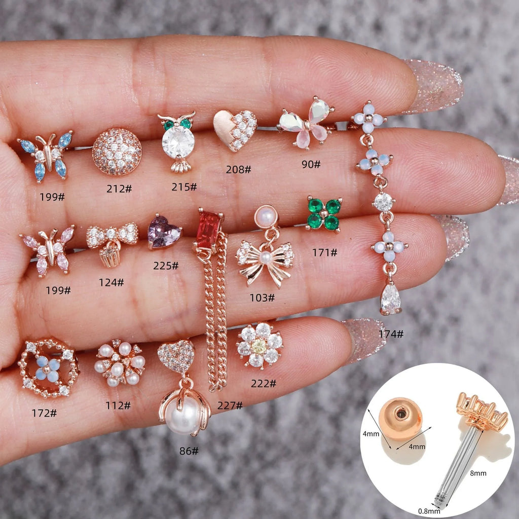 Korean-style tassel flower screw ball ear cartilage piercing in brass with gold, white K or rose gold finish, single ear stud