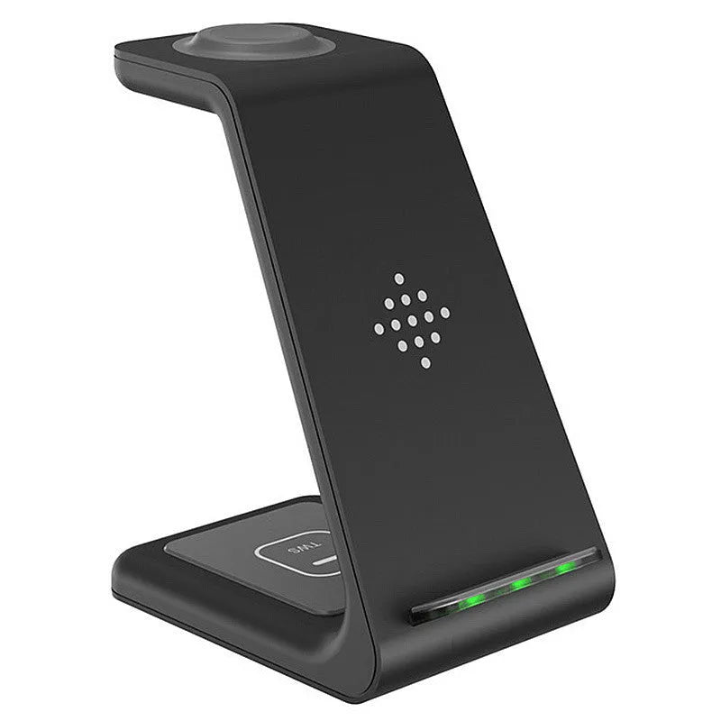 T3 wireless charging pad in black, compatible with Apple iPhone and Samsung smartphones.