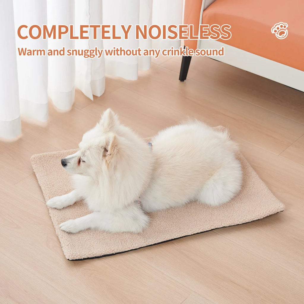 Grey self-heating pet bed with plush fabric and reflective thermal layer for indoor winter use