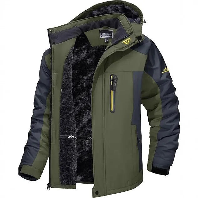 Men's casual hooded warm coat in solid colour, made from polyester fibre, available in black.