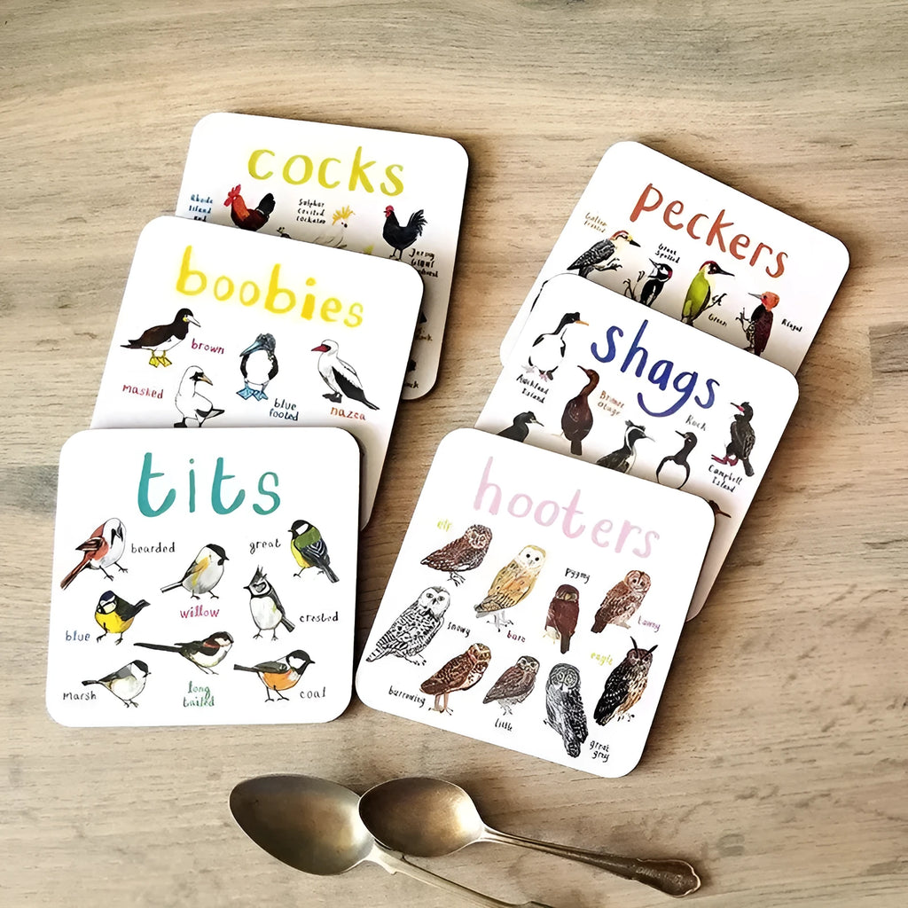 Set of 6 square bird pun coasters with PVC material, flower design, 10x10x0.35 cm each