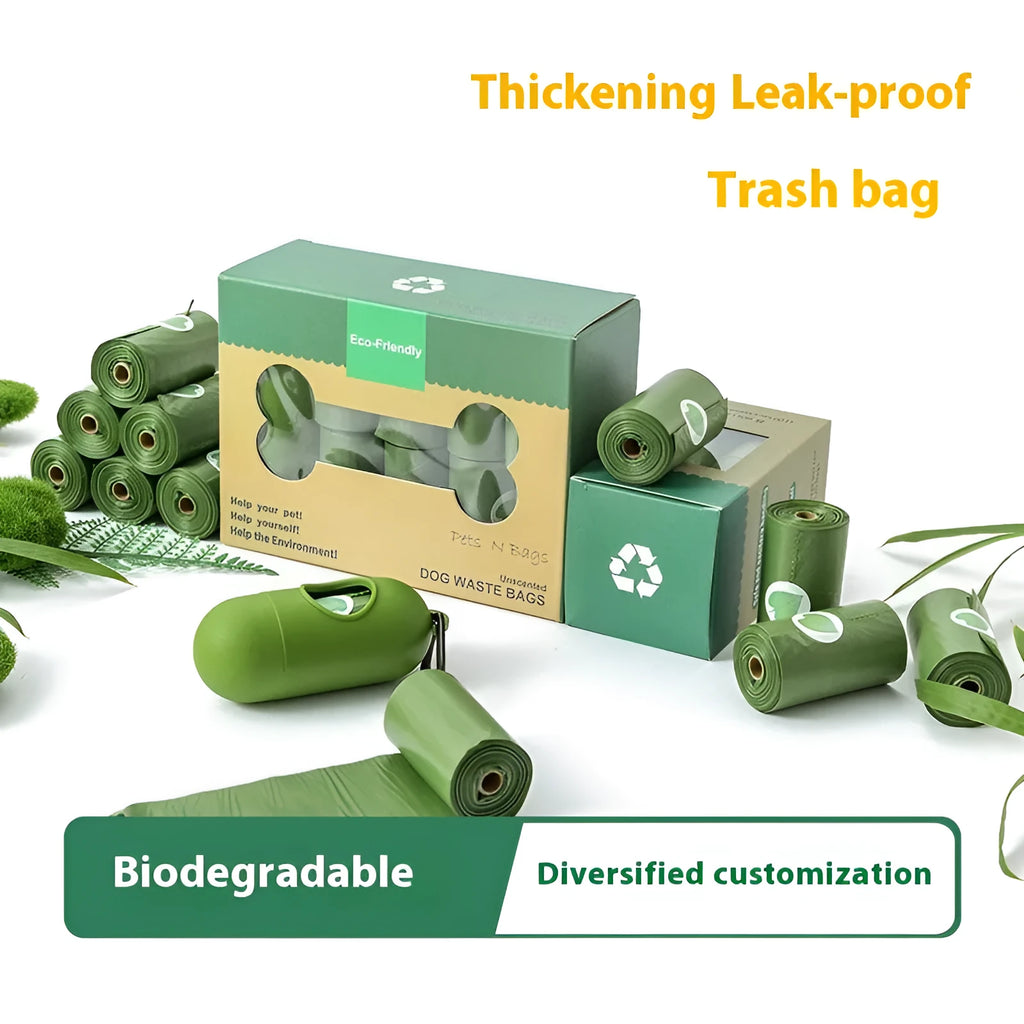 EPI degradable pet waste bags in green, blue, purple, orange, and black colours with dispensers