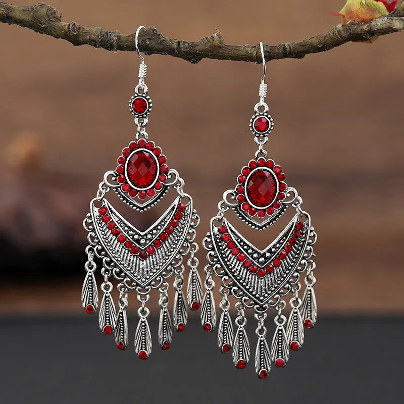 Purple retro court crystal long fringe drop earrings with ethnic style alloy construction