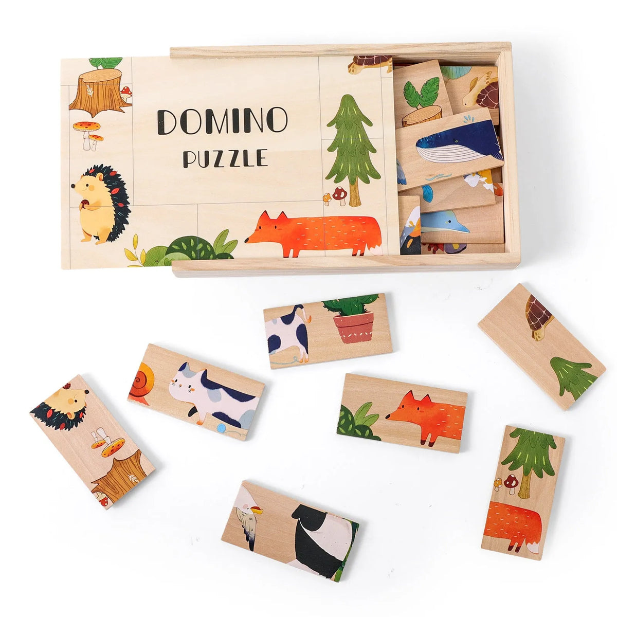 Wooden children's animal domino puzzle tiles with colourful illustrations, size 22.2 x 14.5 x 3.6 cm