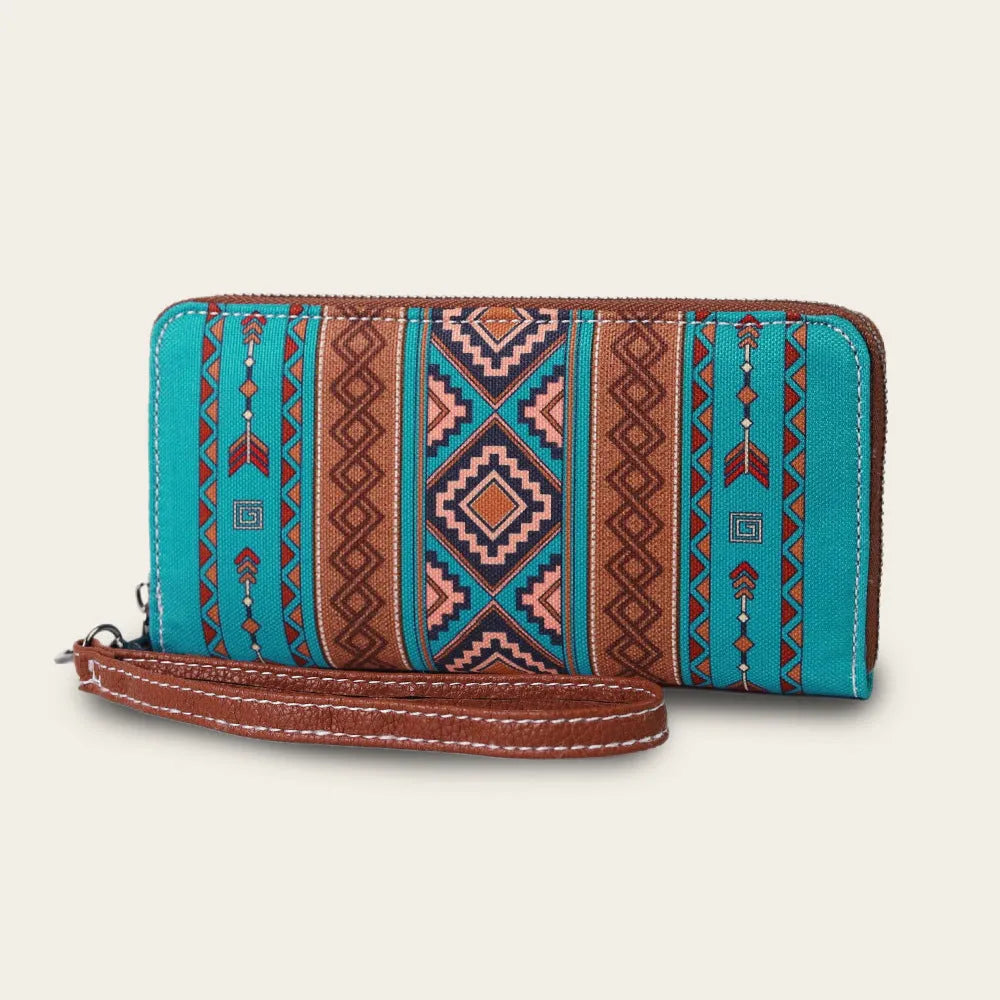 Bohemian striped canvas RFID wallet showing anti-theft card protection features