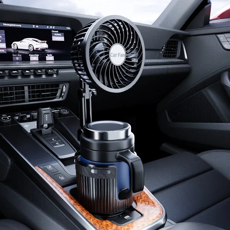 ABS plastic car cup holder fan showing 4-inch and 6-inch size options for 12V, 24V, or USB power.