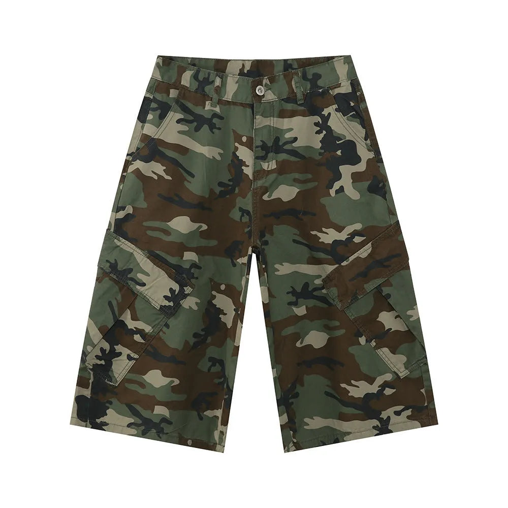 Men's camouflage pattern cotton trousers with wide leg design and cropped length showing side stitching detail