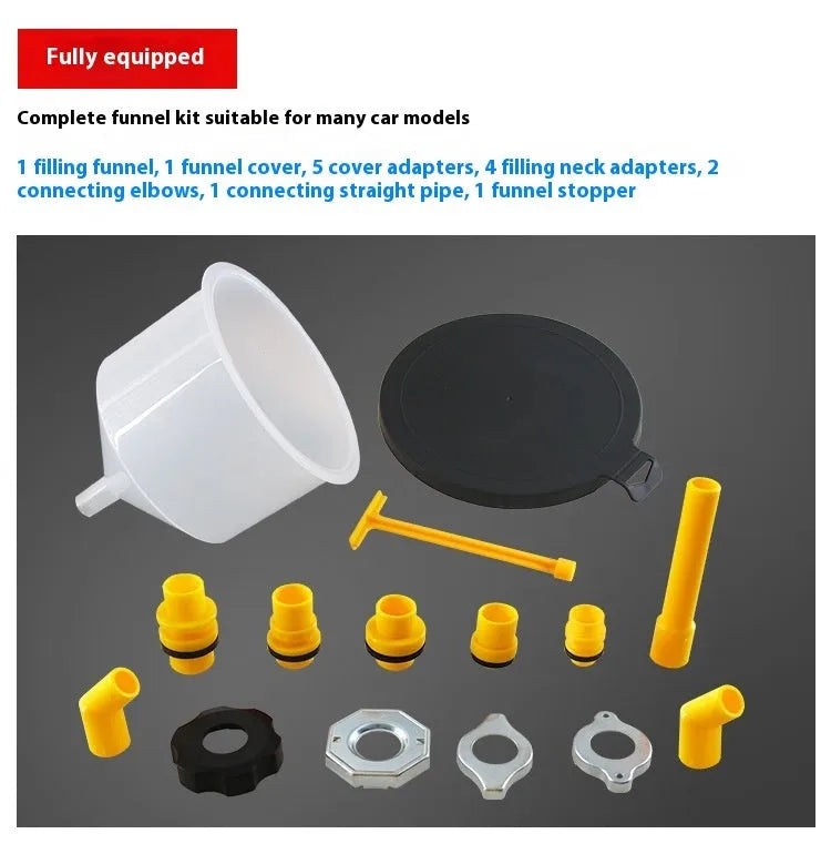 15-piece plastic funnel set in assorted colours for coolant and antifreeze automotive repair