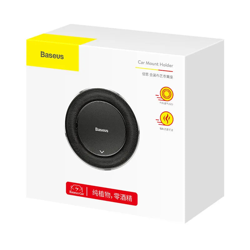 Aluminium alloy round car fragrance holder in black, red, and silver colour options with four scent tablets.