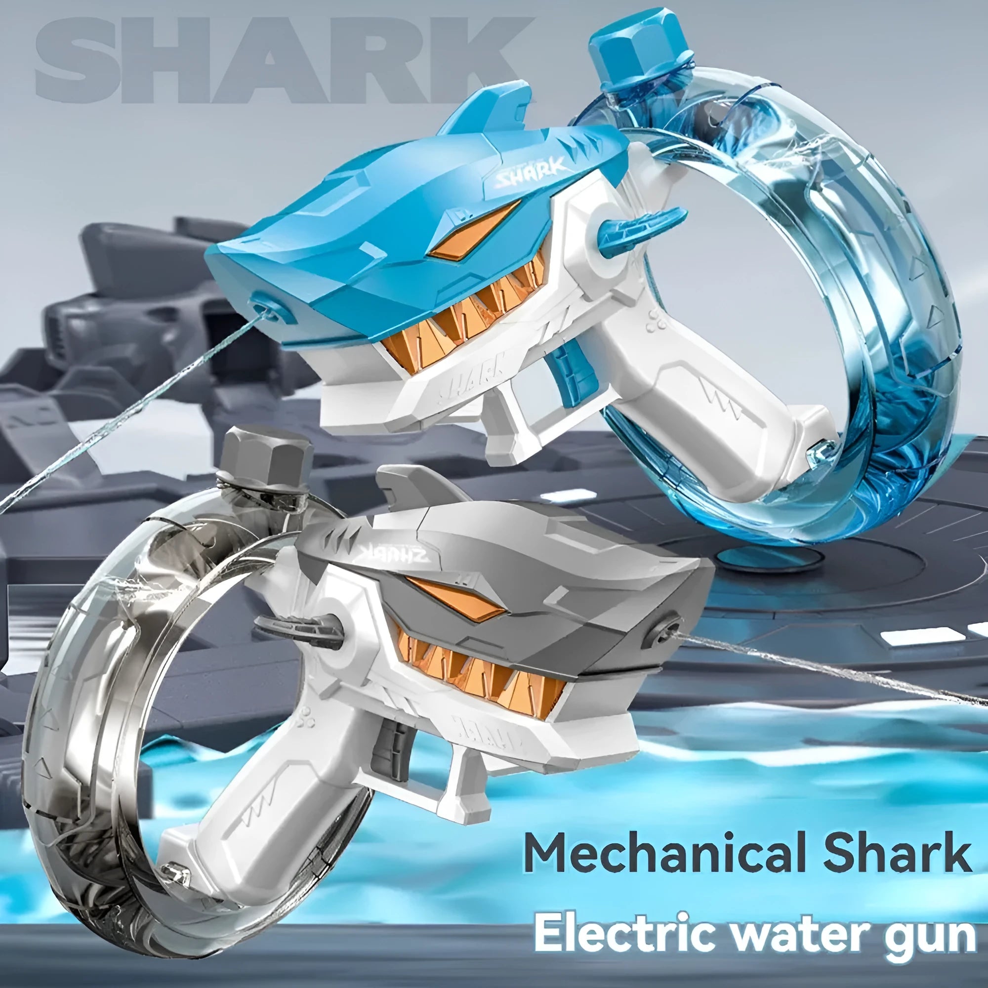 Blue Shark-shaped electric water gun toy with large tank on a summer beach.