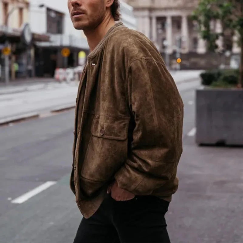 Men's corduroy jacket dark brown solid colour casual coat with polyester lining front view
