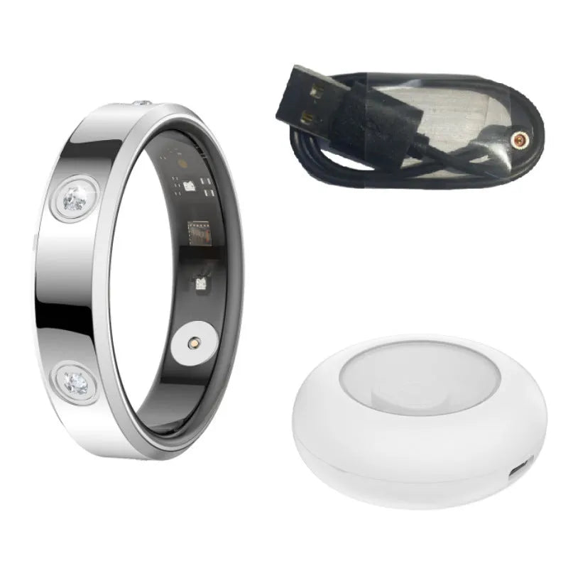 Smart ring blood oxygen heart rate monitor in silver size 10 with charging cable