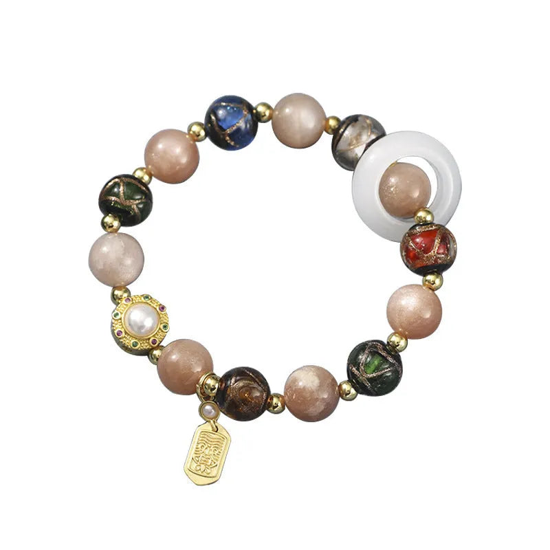 Hand-woven fragrant grey coloured glaze bracelet with sunstone, shell, and glass moon beads